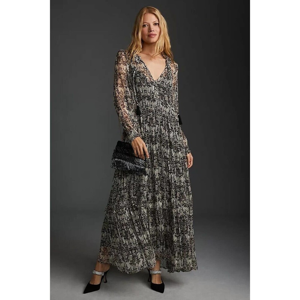 ANTHROPOLOGIE sz S The Marais Chiffon Maxi Dress Black White Motif